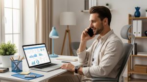 Small business owner managing operations from a home office, using VoIP to handle calls while reviewing business data on a laptop