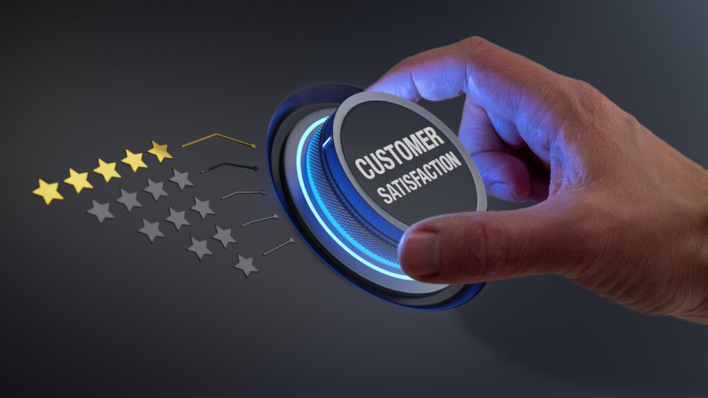 Five star customer satisfaction rating review praising excellent reputation and quality of service or product. Concept with manager hand turning knob to select highest performance evaluation ranking