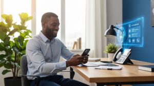 Business owner reviewing AI-powered phone answering activity on a smartphone, with a VoIP desk phone and digital interface visible in the background
