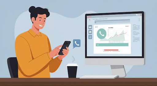 Person at desk looking at cellphone sitting at desk in front of computer