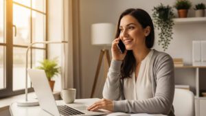 Small business owner taking a call on her smartphone while working from a home office, researching virtual phone systems on her laptop