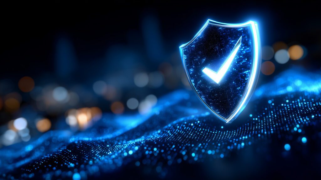 Digital shield concept with a checkmark.